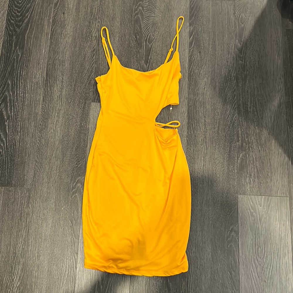 Dark orange/yellow spaghetti strap open sided mini dress